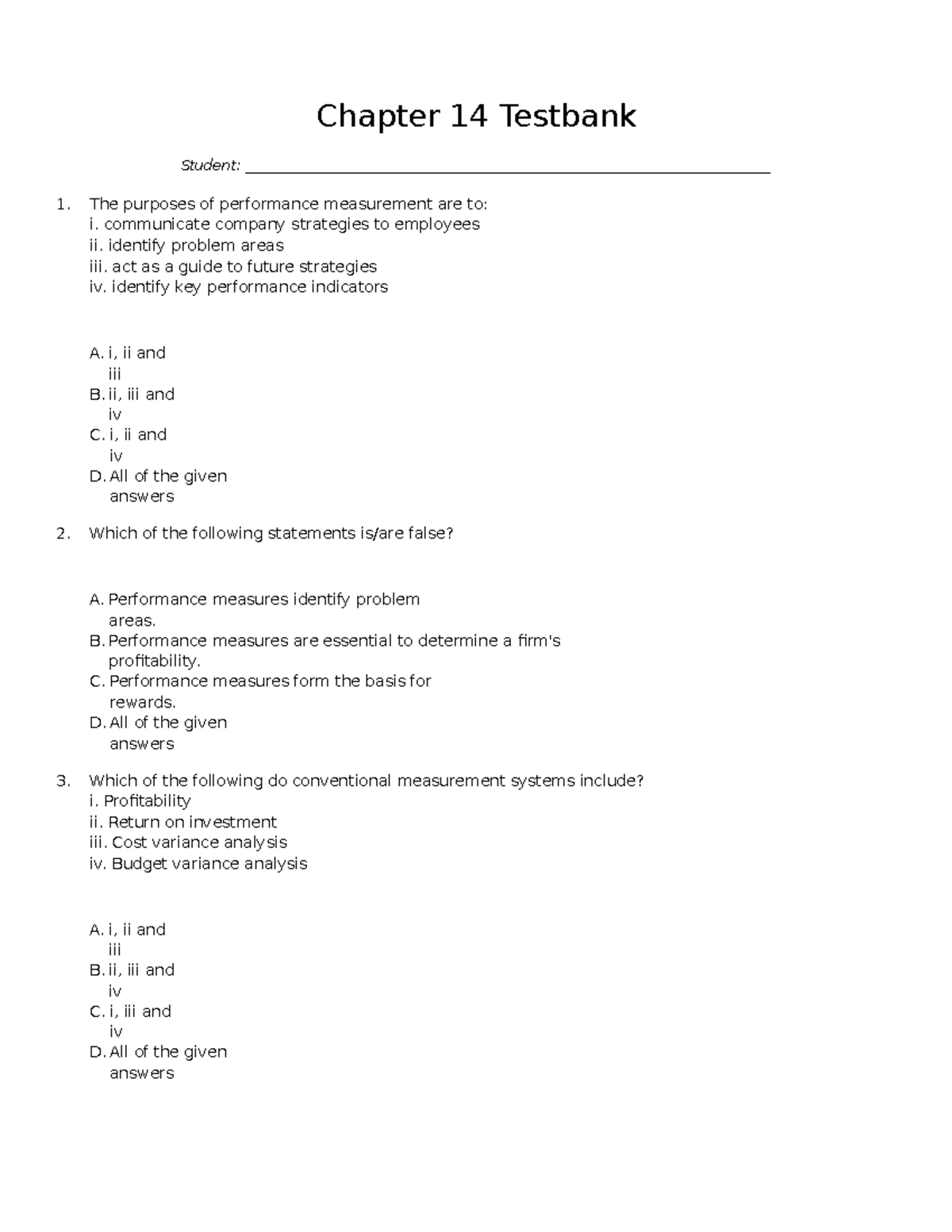 Test 14, questions - Chapter 14 Testbank Student: - Studocu