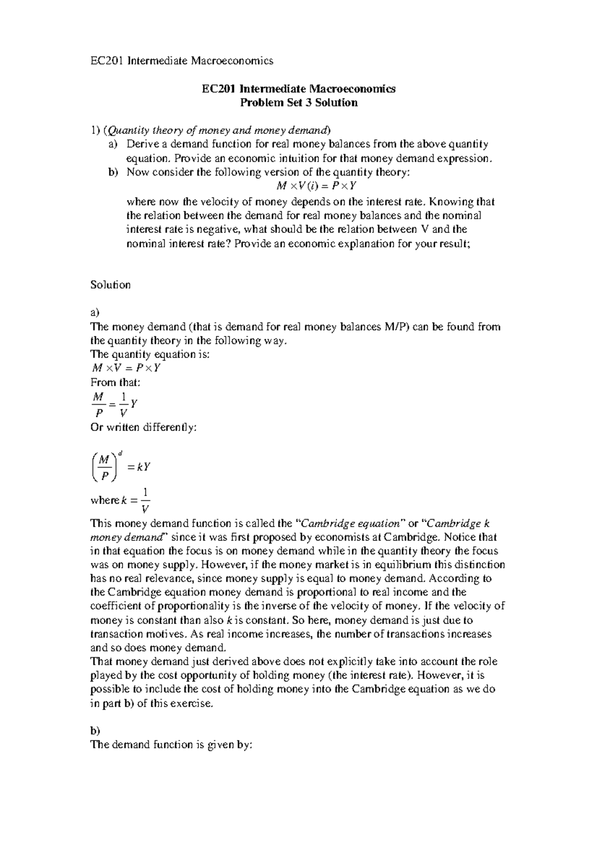 EC201Class 3 Solution - EC201 Lecture Notes - EC201 Intermediate ...