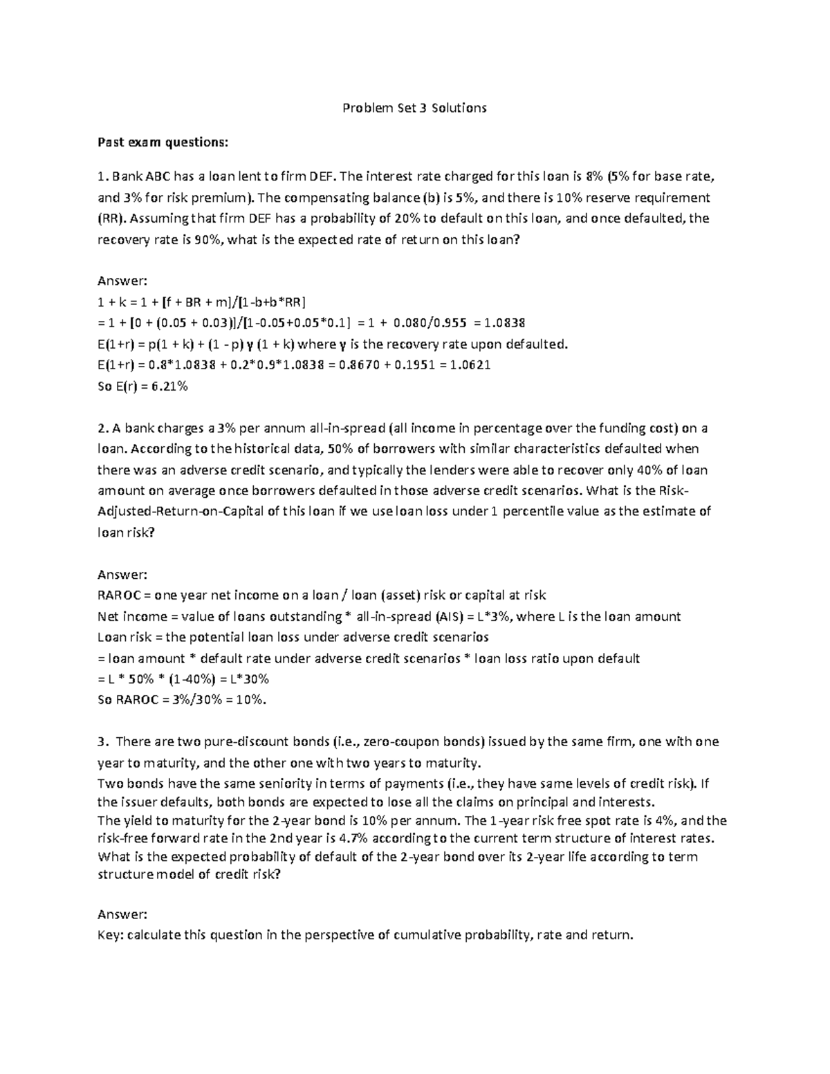 Problem set 3 - Credit Risk I (Individual Loan Risk) - with answers ...