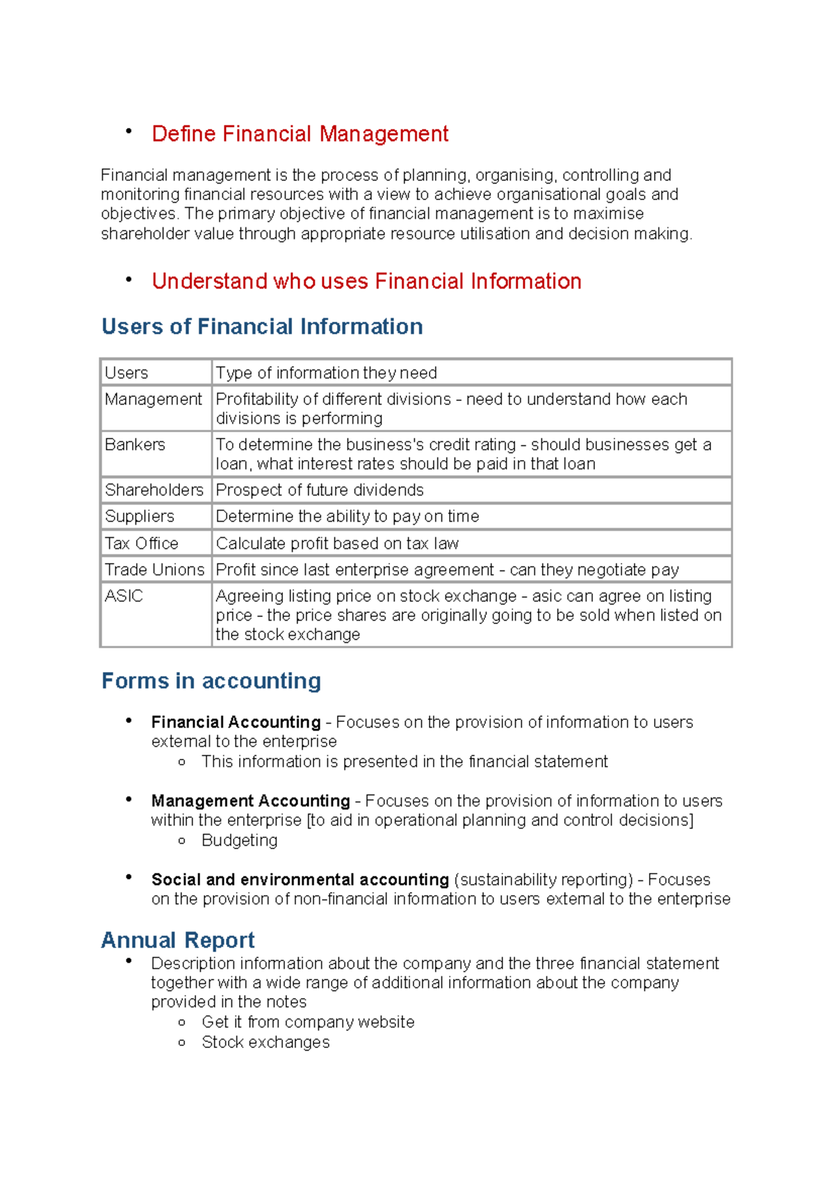 Comm1140 week 1 notes - Define Financial Management Financial ...