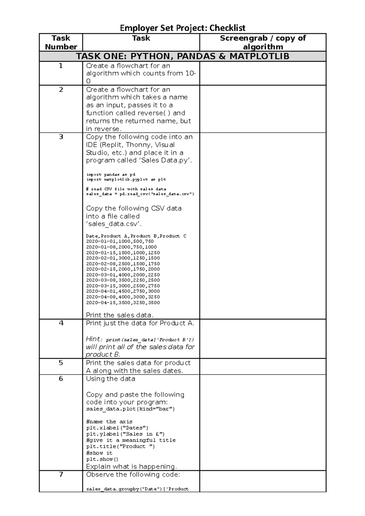 Python Tasks - Employer Set Project: Checklist Task Number Task ...