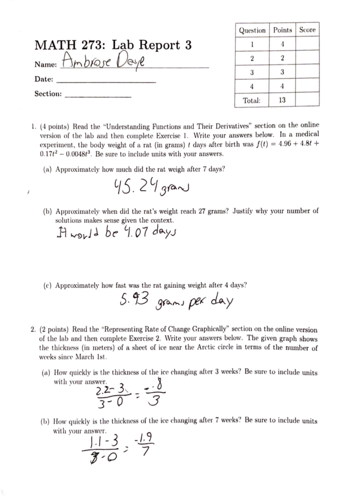 Calc 1 LB - Lab - MATH 273: Lab Report 3 Name: Ab o(qjf Qe-ye I Date ...