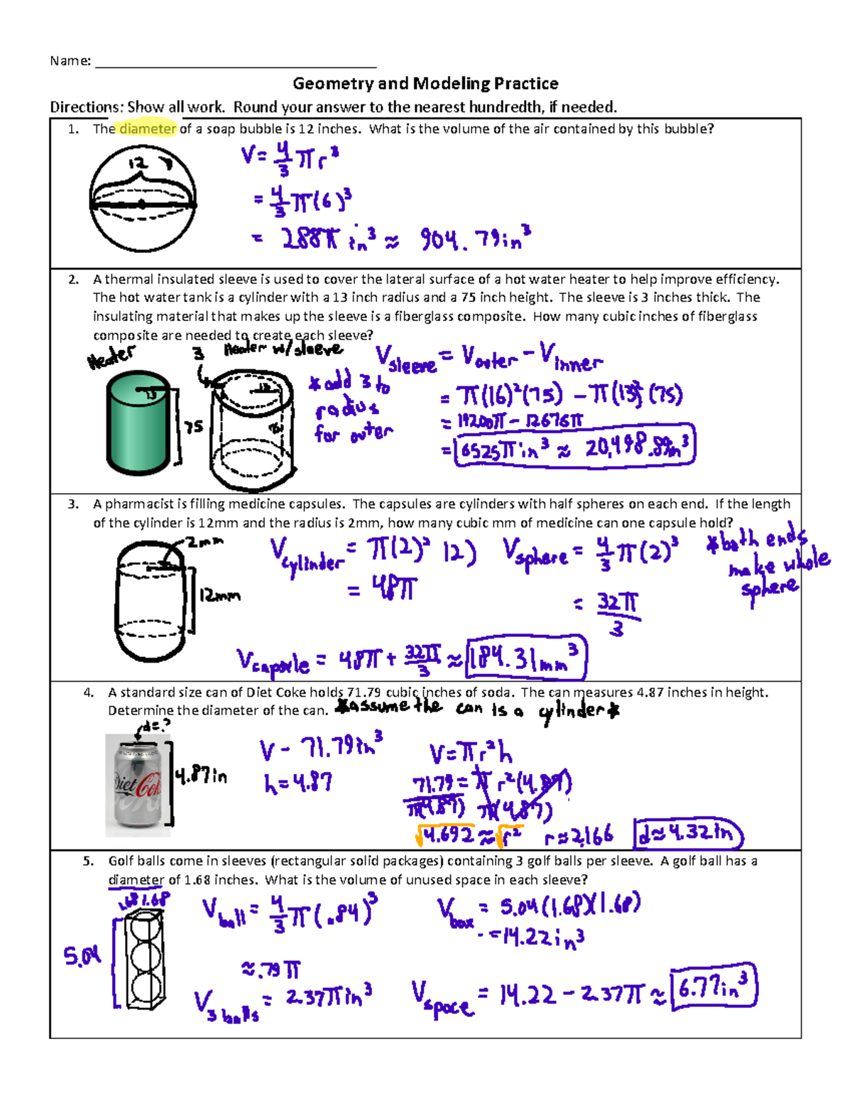 KEY - 8.5 WS Geometry and Modeling Practice (with pictures) - Name ...