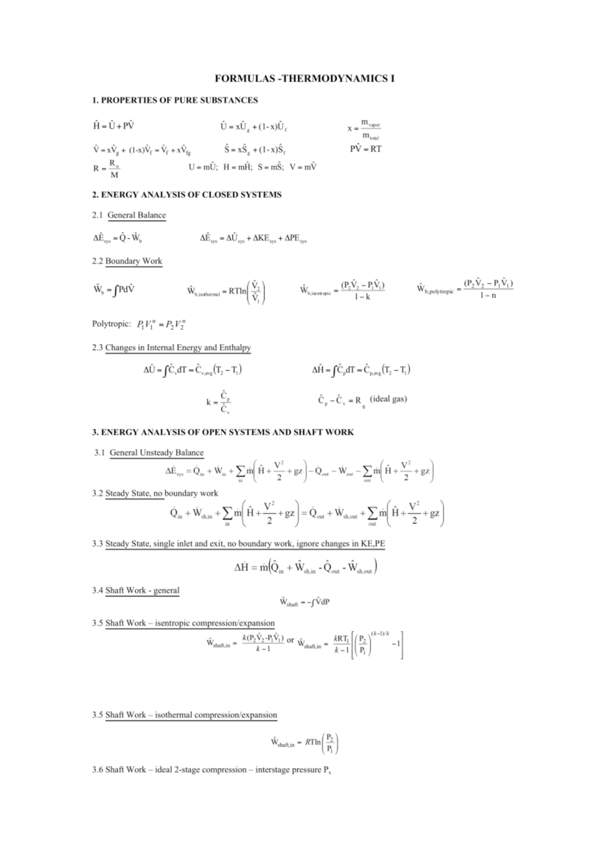 Thermodynamics I formula sheets - CHE2164 - Studocu