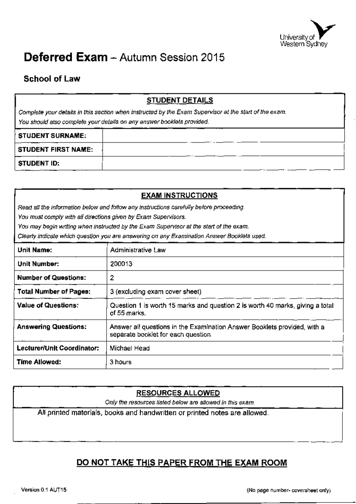 Exam 2015, questions - Deferred 2015 admin final exam - Deferred Exam ...