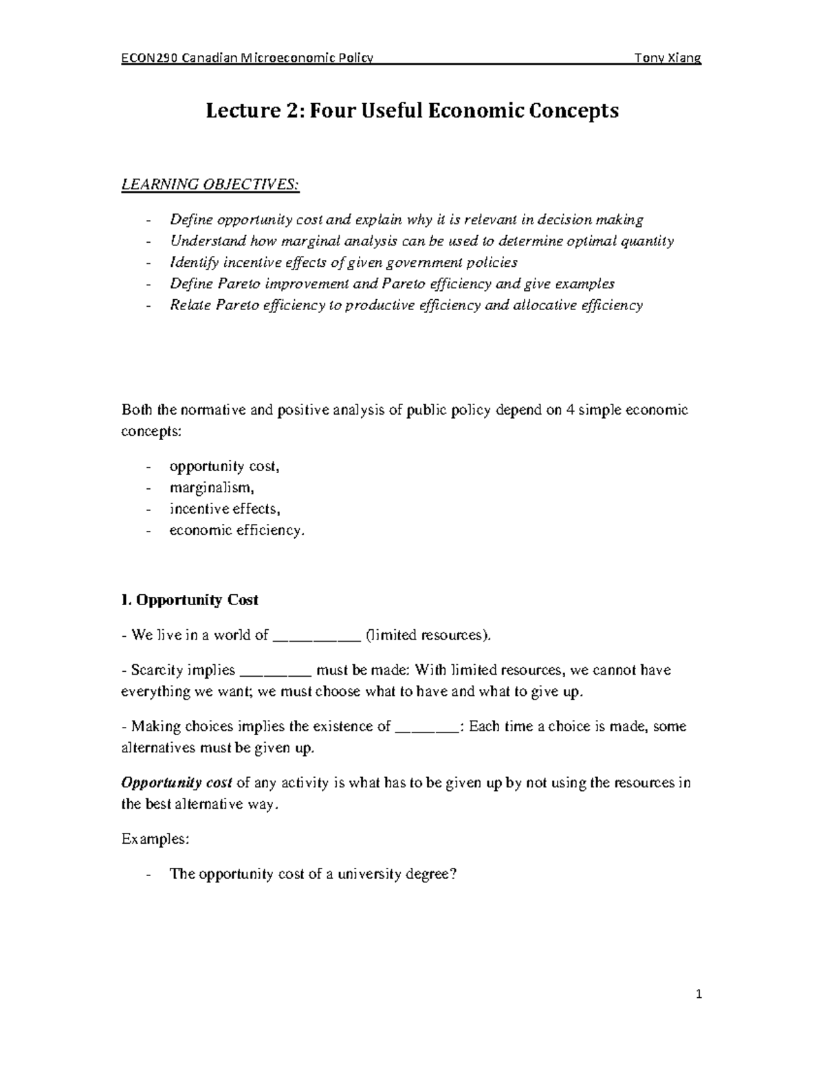 Lecture 2 - Lecture 2: Four Useful Economic Concepts LEARNING