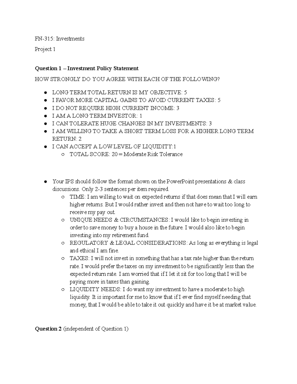 Investments 1, FN315 Assignment 1 FN315 Investments Project 1