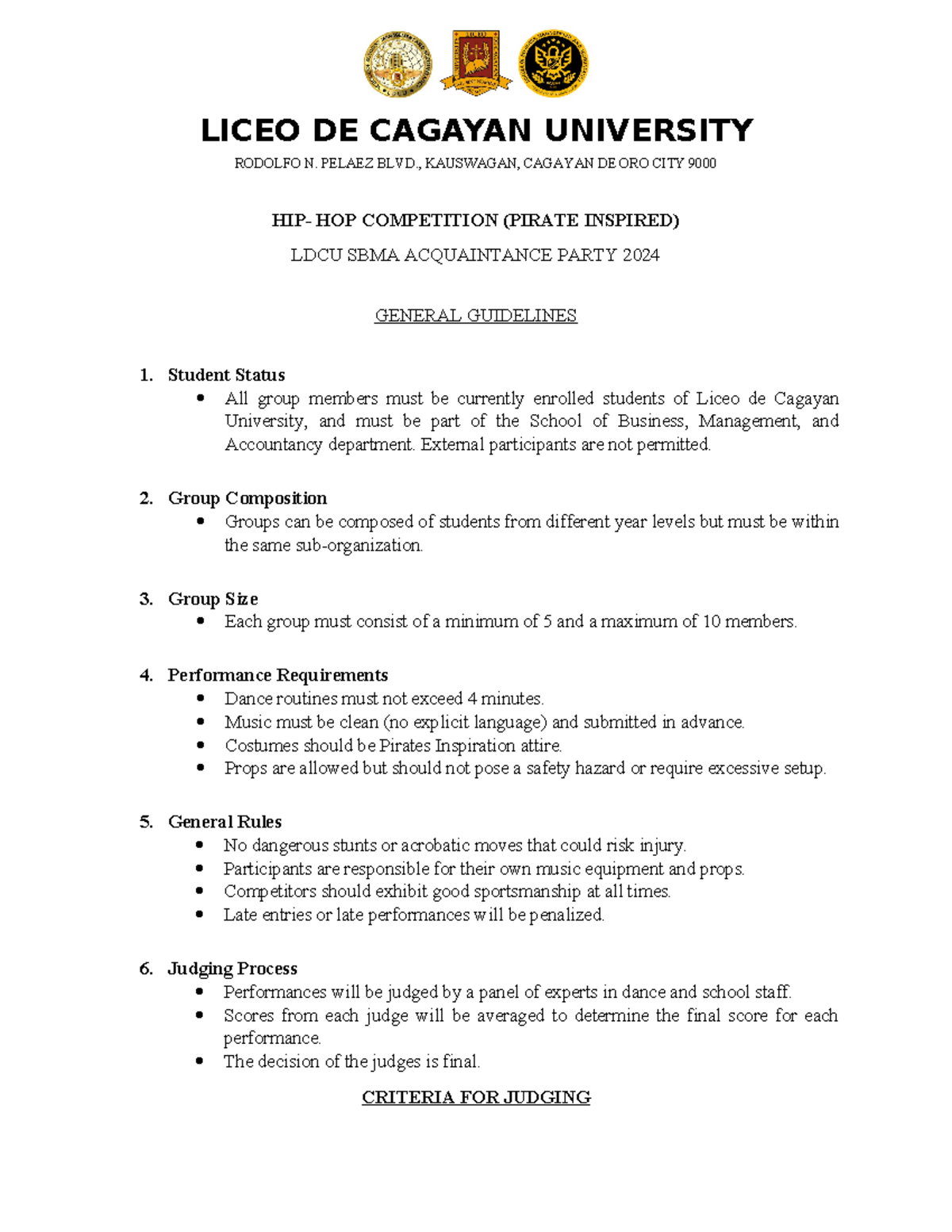 HIP HOP Competition Guidelines - LICEO DE CAGAYAN UNIVERSITY RODOLFO N ...