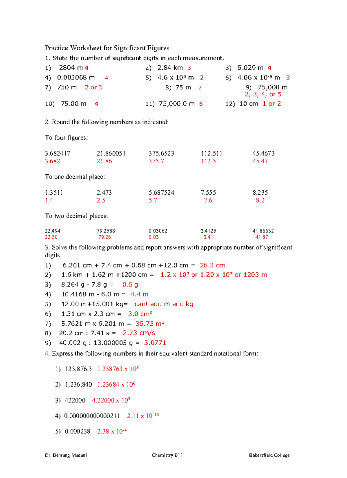 Problem set 22 significant figures Answer Sheet - Dr. Behrang Within Sig Figs Worksheet With Answers