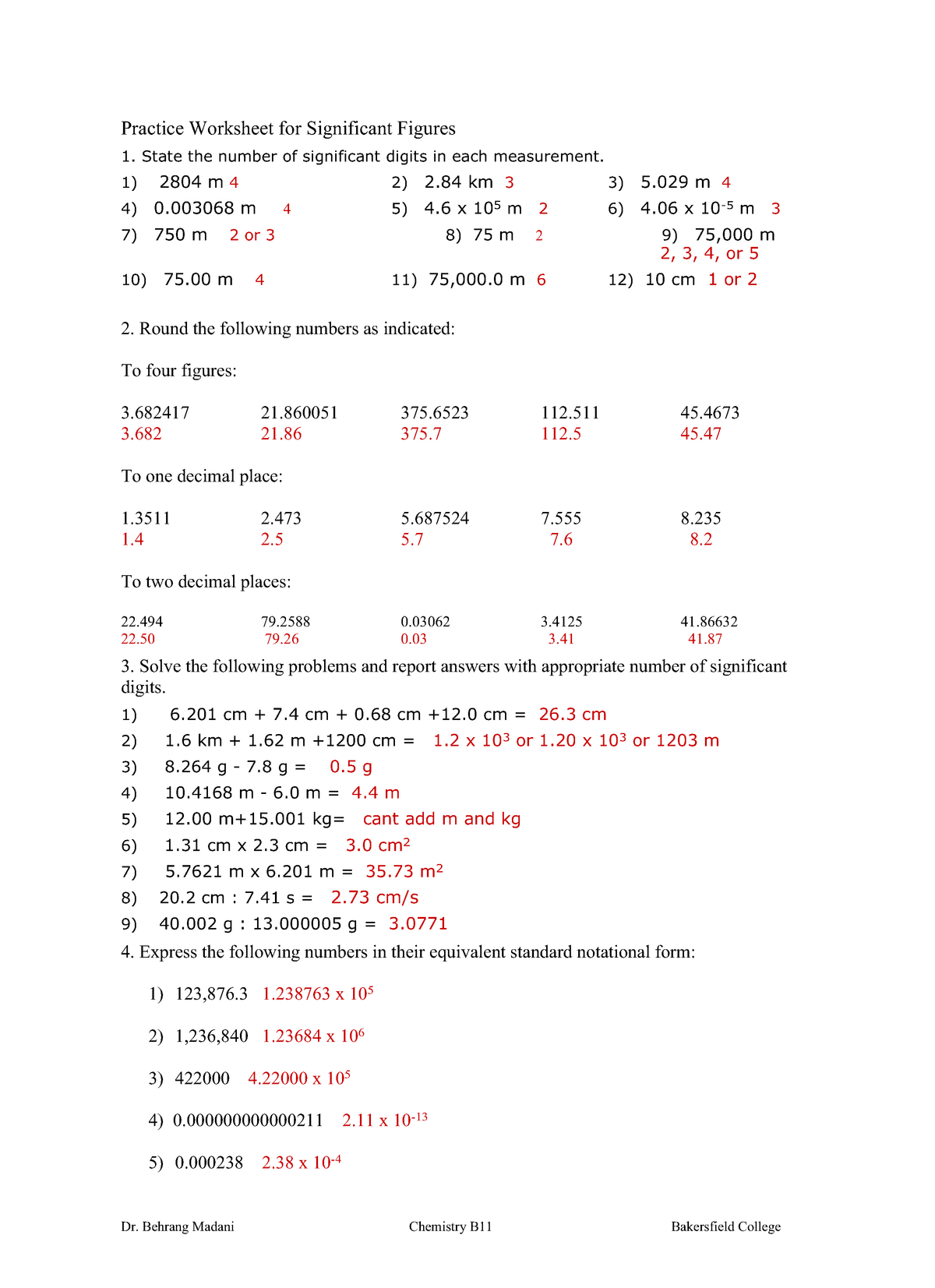 Problem Set 1 Significant Figures Answer Sheet Dr Behrang Madani Chemistry B11 Bakersfield 