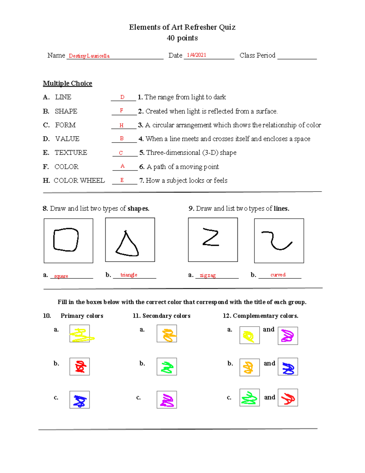 Kami Export   Elements Quiz   Elements Of Art Refresher Quiz 40 Points