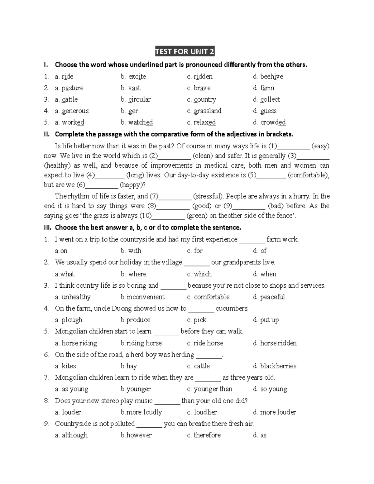 TEst unit2 mlh8 - bài tập tiếng anh - TEST FOR UNIT 2 1 I. Choose the ...