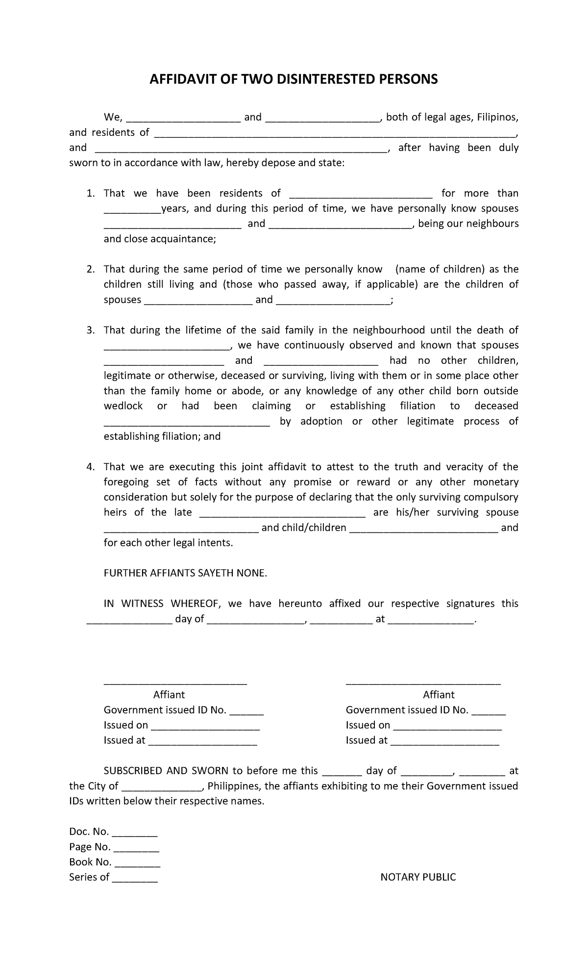 Affidavit of Two Disinterested Persons for Designation of Next of Kin ...