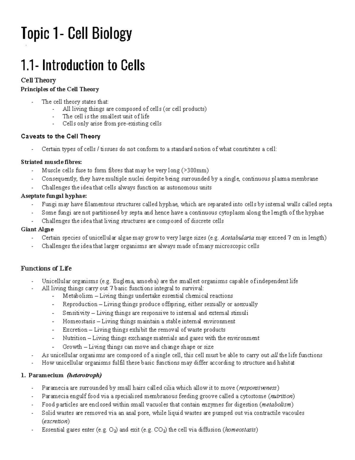 Topic 1 notes - Topic 1- Cell Biology 1- Introduction to Cells Cell ...