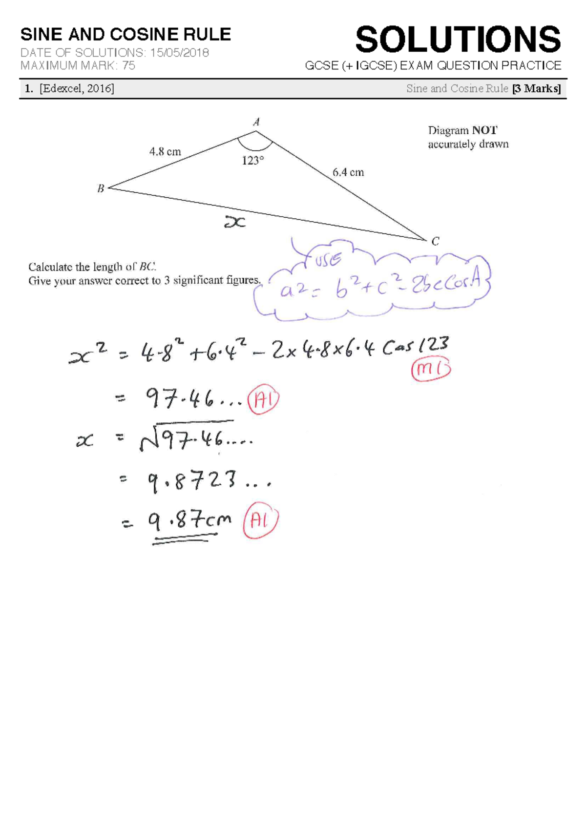 Sine And Cosine Rule Solutions Solutions Sine And Cosine Rule Gcse Igcse Exam Question 6240