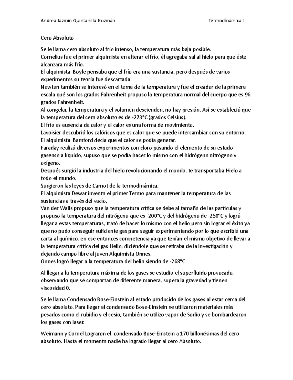 Cero Absoluto Andrea Jazmín Quintanilla Guzmán Termodinámica I Cero