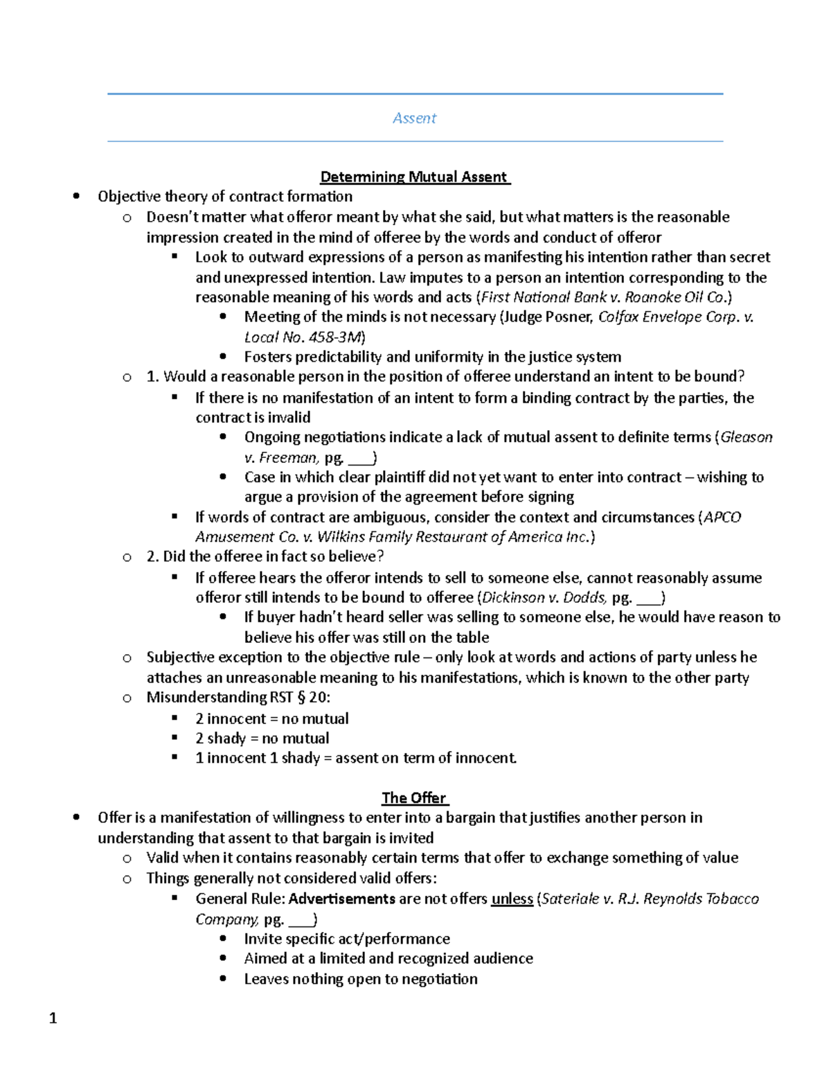 Contracts outline - Assent Determining Mutual Assent Objective theory ...