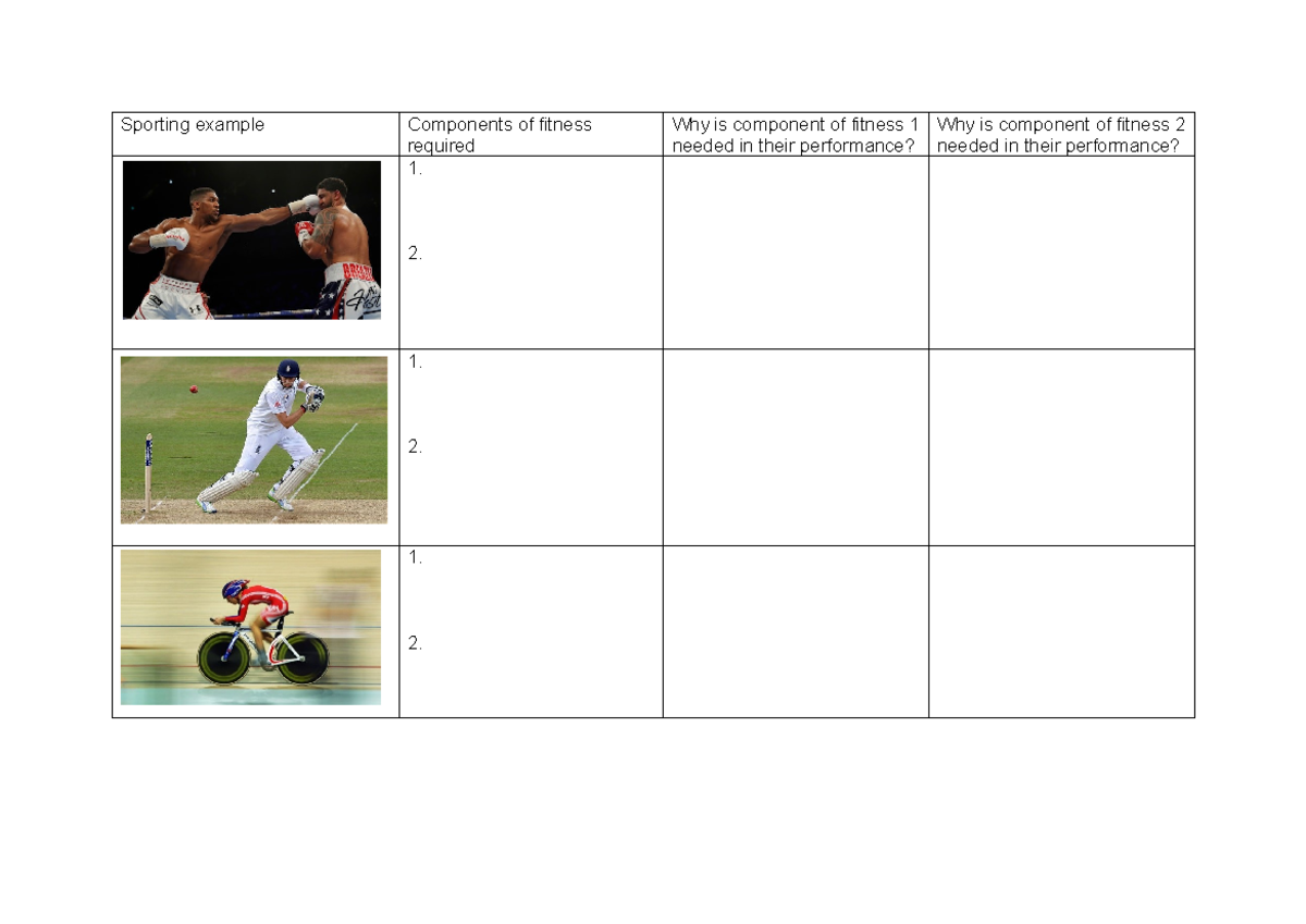 Components of fitness application to sporting examples Sporting example Components of fitness
