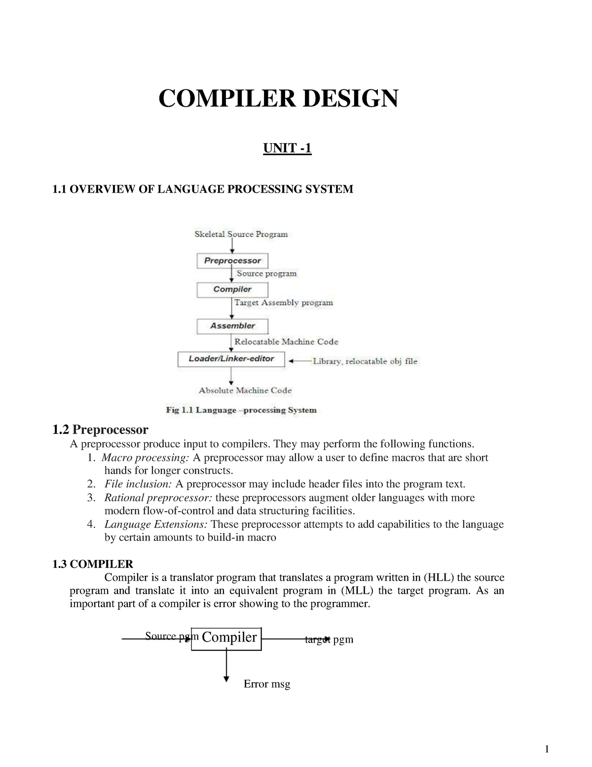 Cd Notes 1 - COMPILER DESIGN UNIT - 1 1 OVERVIEW OF LANGUAGE PROCESSING ...