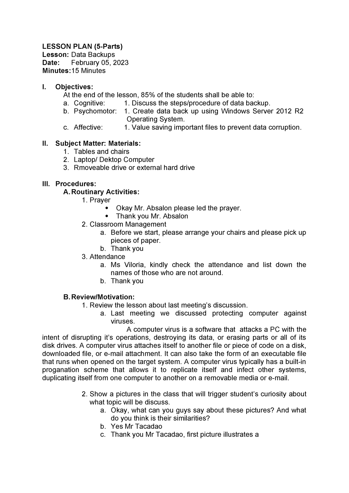 Integrated Lesson PLAN - LESSON PLAN (5-Parts) Lesson: Data Backups ...