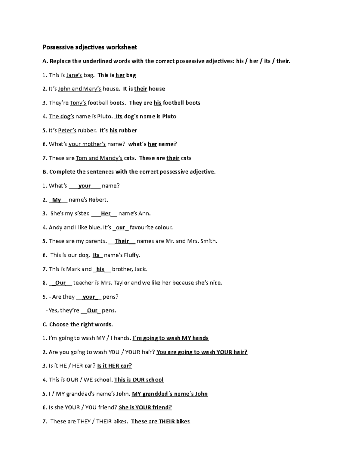 Possessive adjectives worksheet - Replace the underlined words with the ...