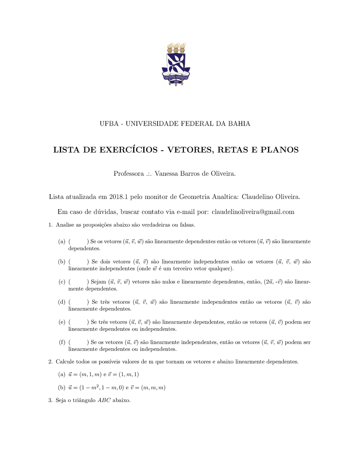 Lista 1 Geometria Analitica - UFBA - UNIVERSIDADE FEDERAL DA BAHIA ...