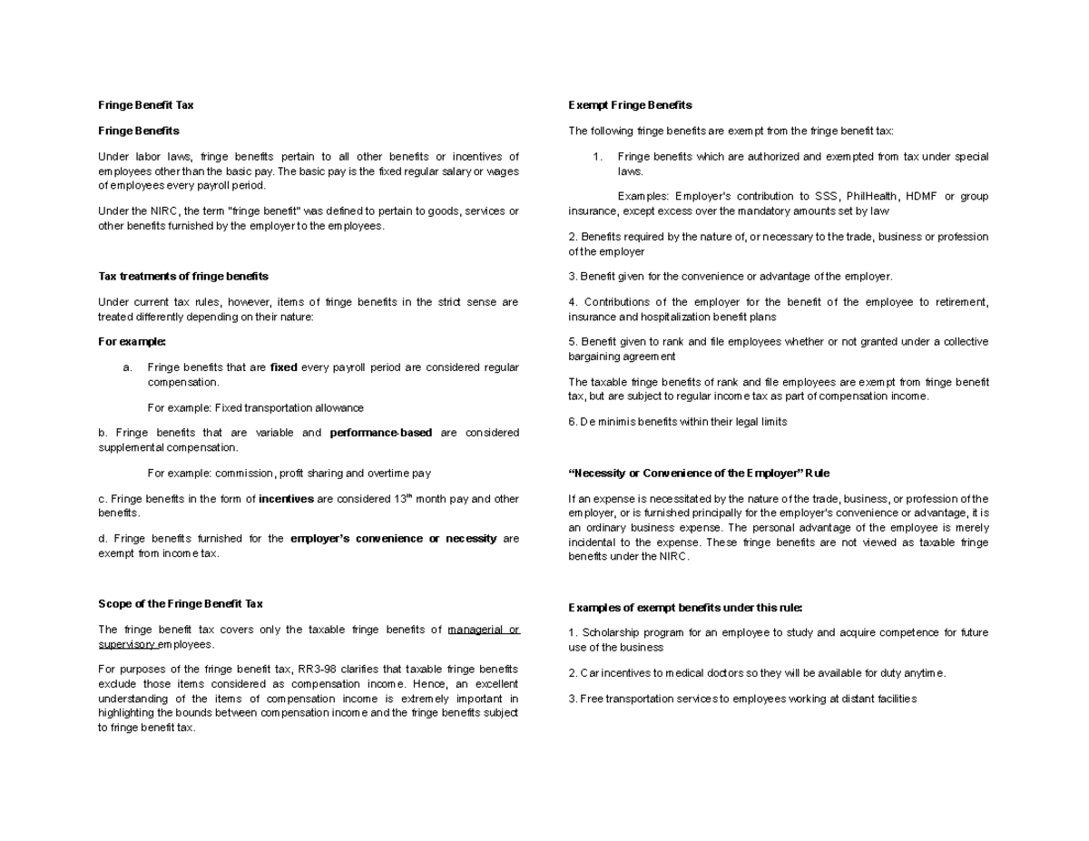 Notes Fringe Benefit Tax Fringe Benefit Tax Fringe Benefits Under