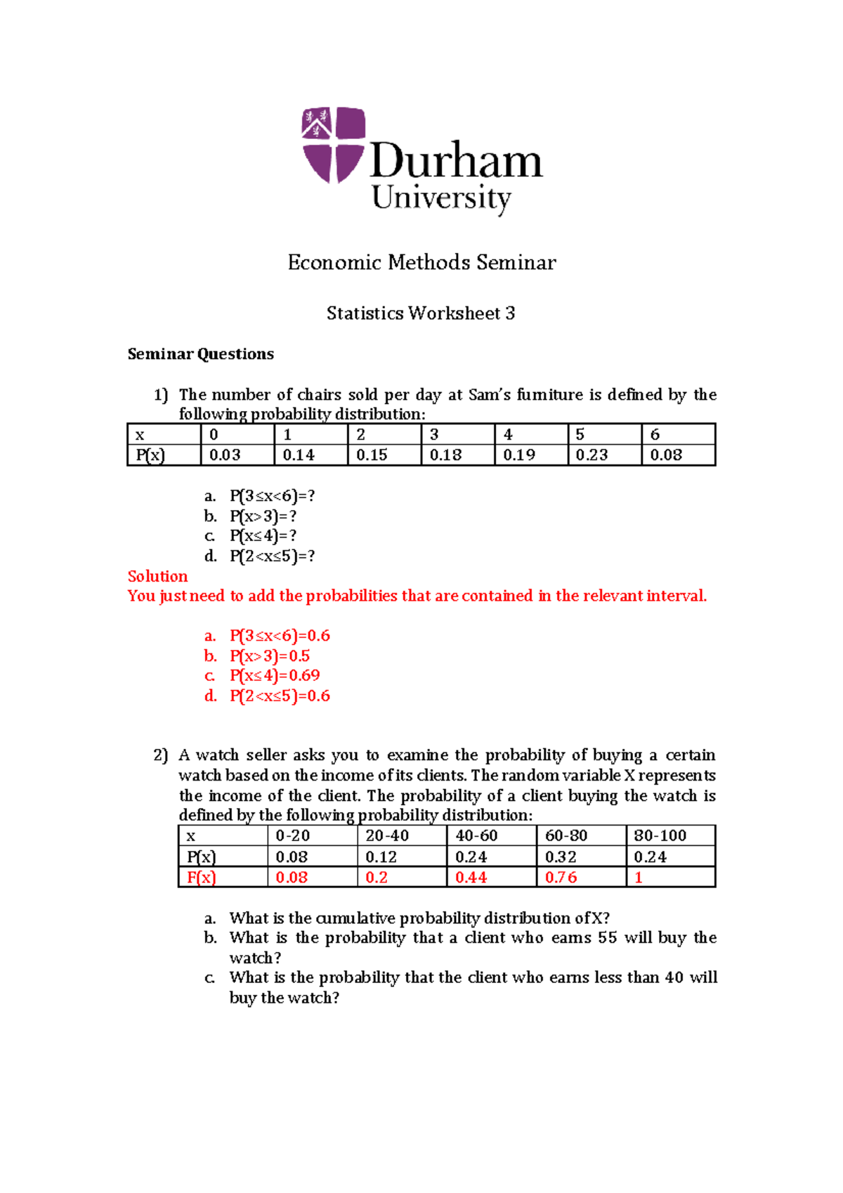 Probability & Sampling Distrubution Worksheet Answers - Economic ...