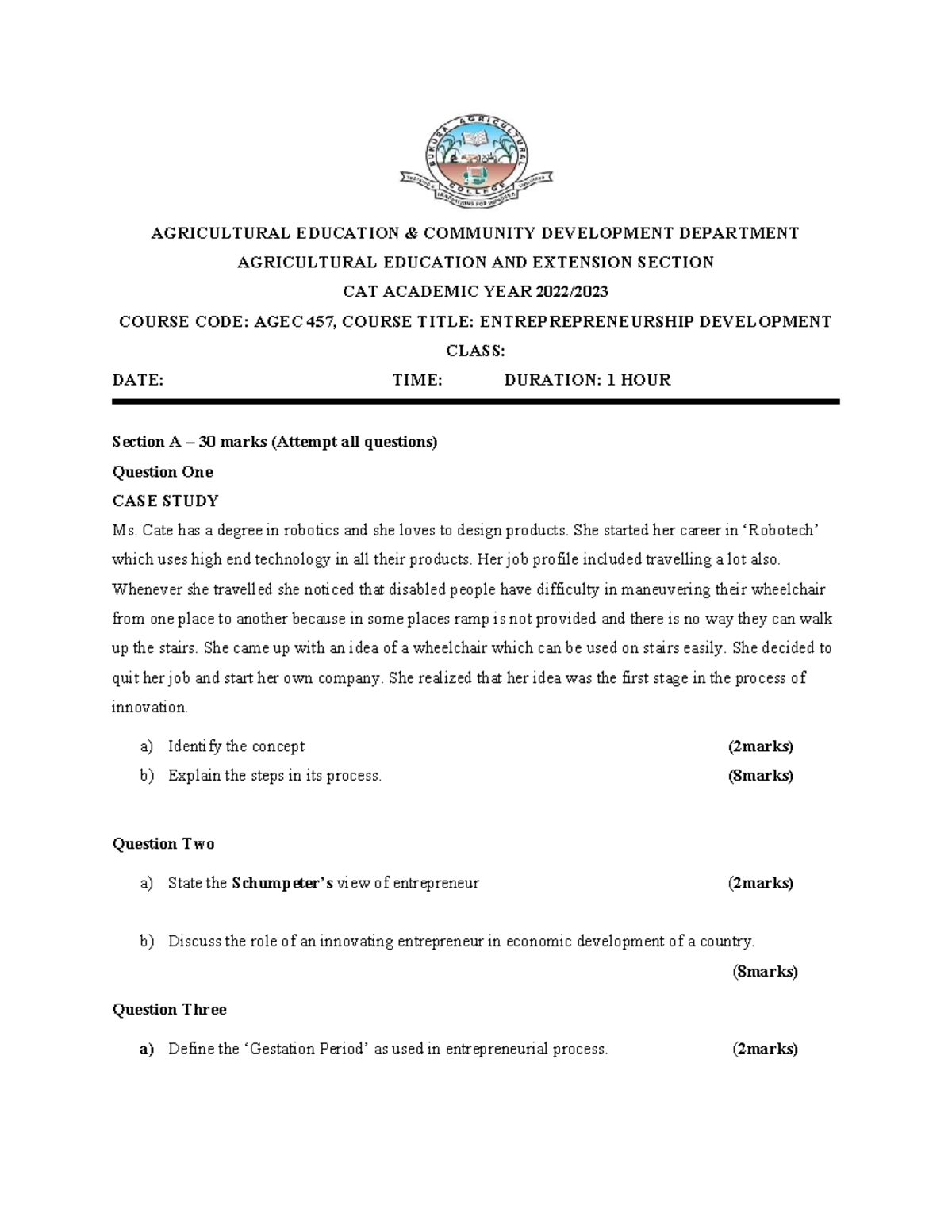AGEC 457 CAT 2023 - Notes - AGRICULTURAL EDUCATION & COMMUNITY ...