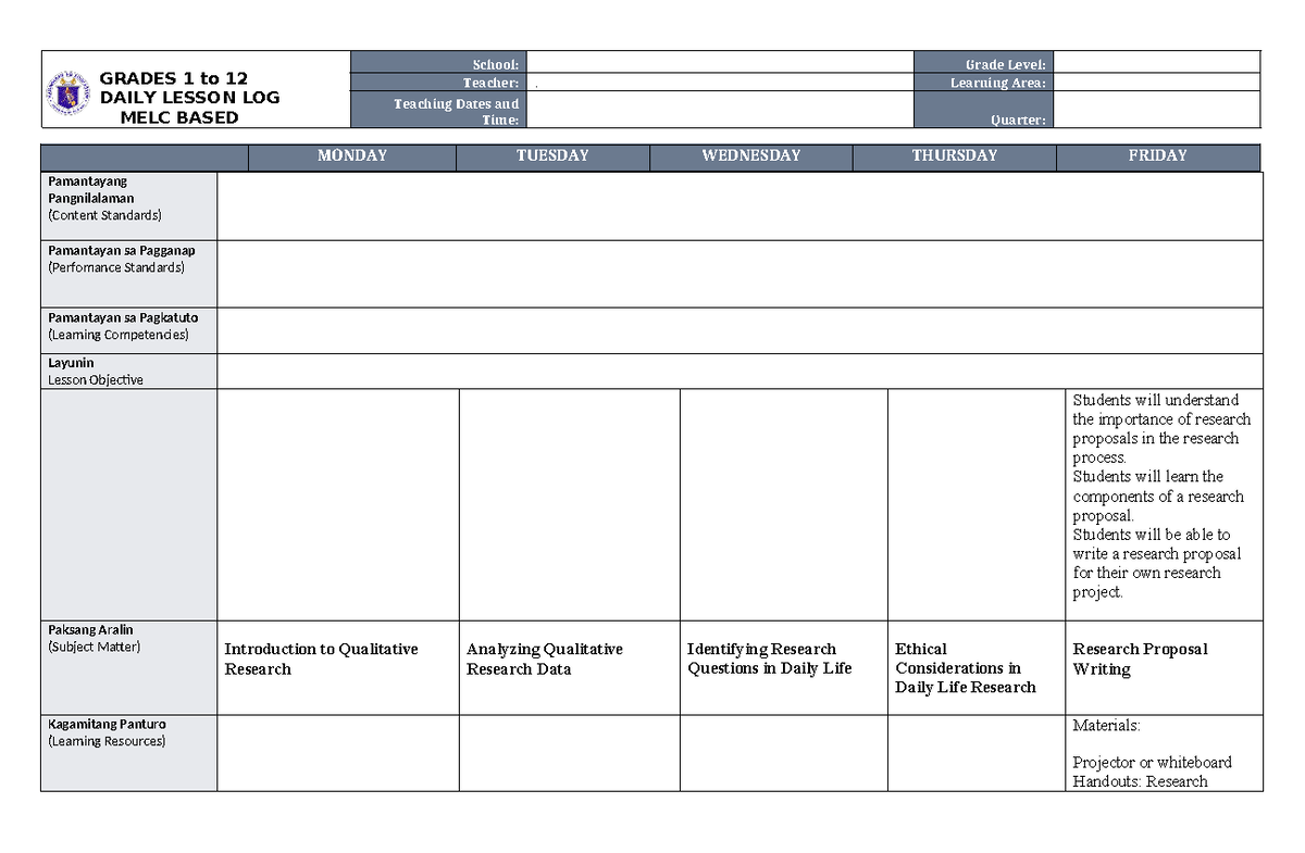 WEEK 3 - Practical research 1 Lesson Plan week 3 - GRADES 1 to 12 DAILY ...