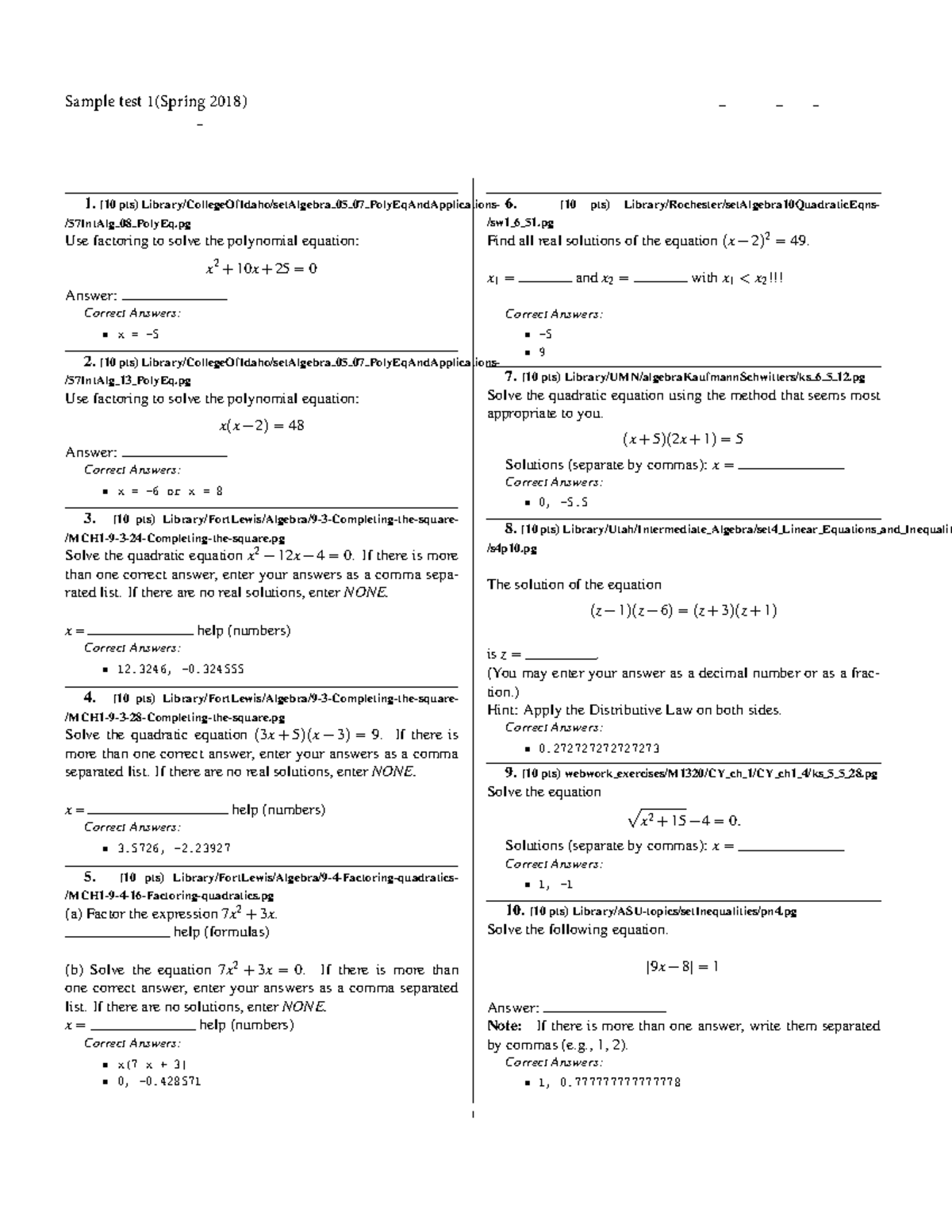 Tkieu Col Alg 2018 - Exam Example Math 1111 - Sample test 1(Spring 2018 ...