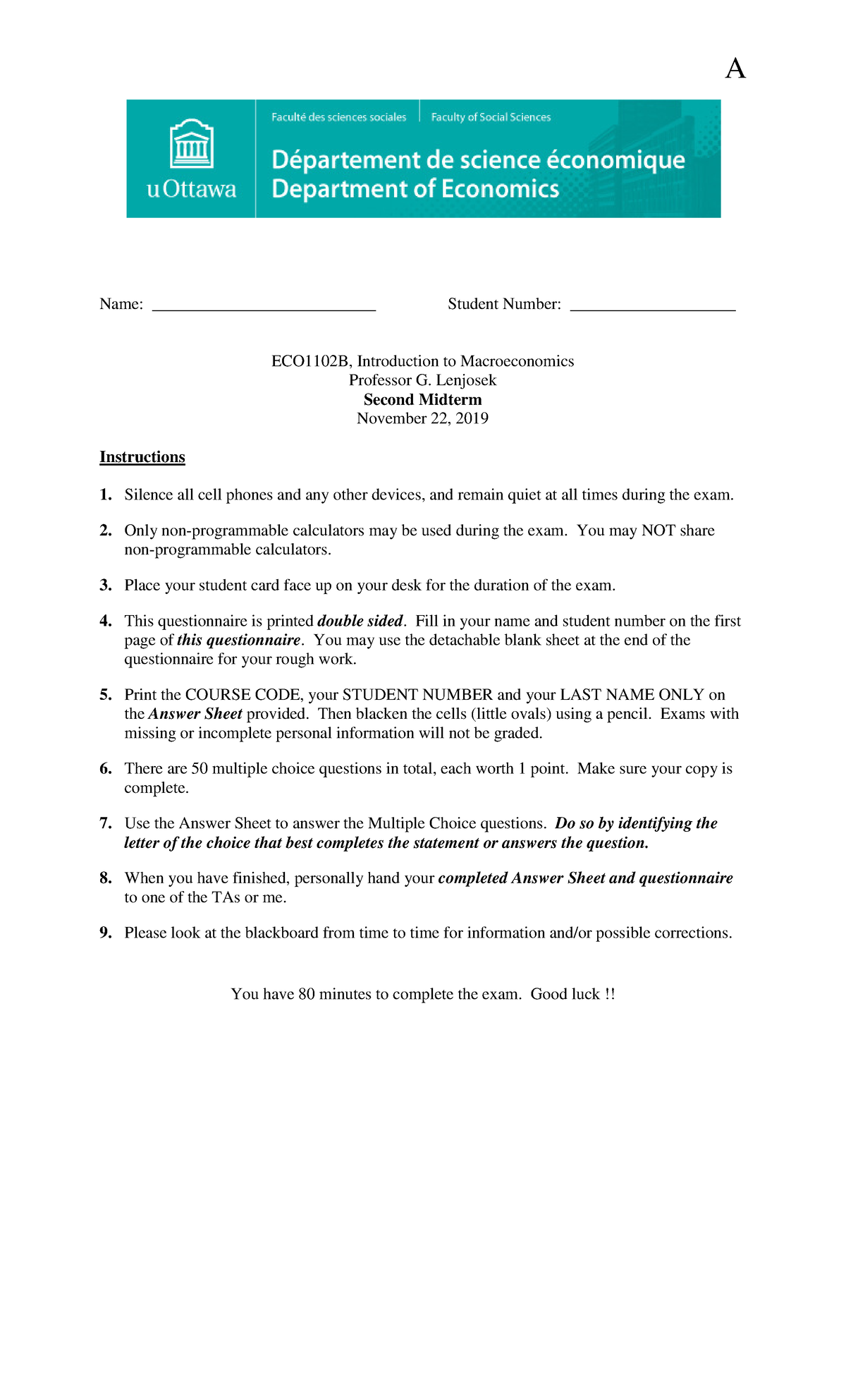 ECO1102 B 2nd MT A With Answers 22Nov19 - Name ...