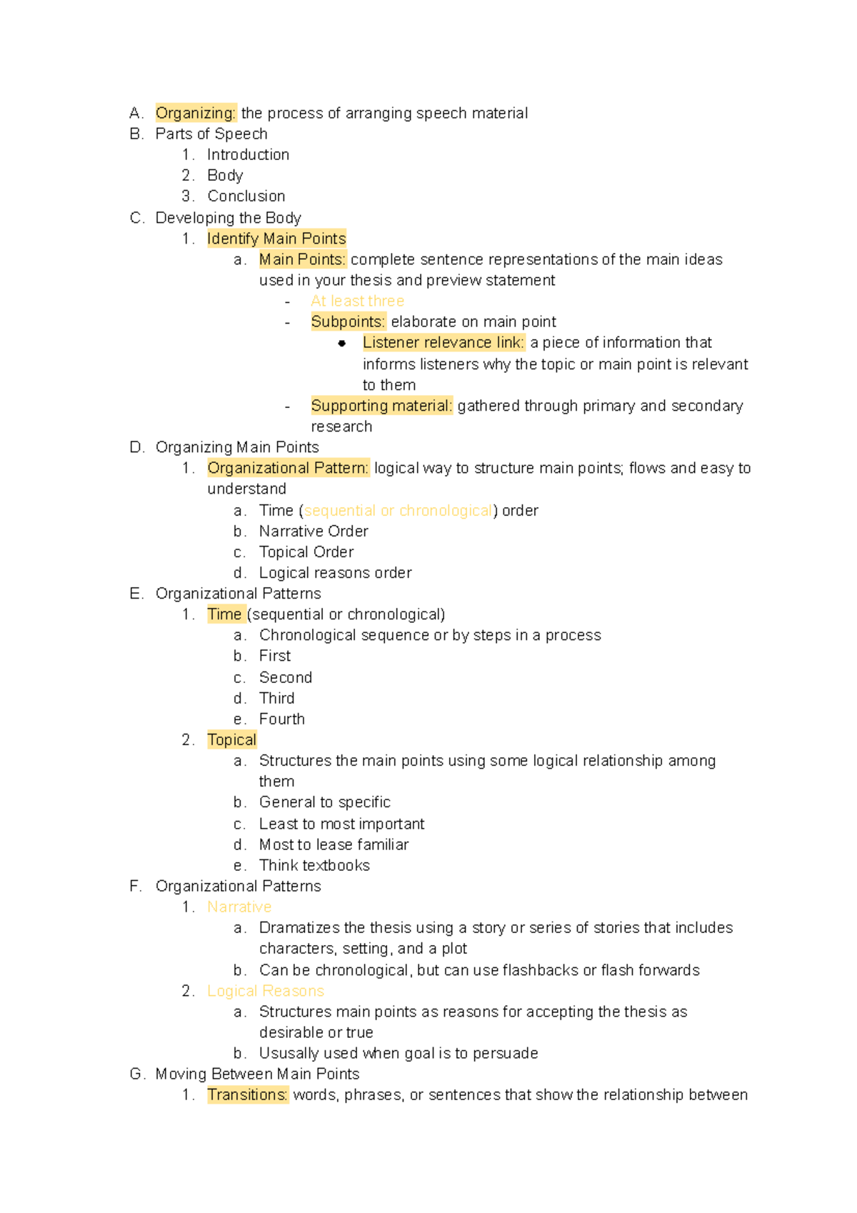 Organizing Your Speech - A. Organizing: the process of arranging speech ...