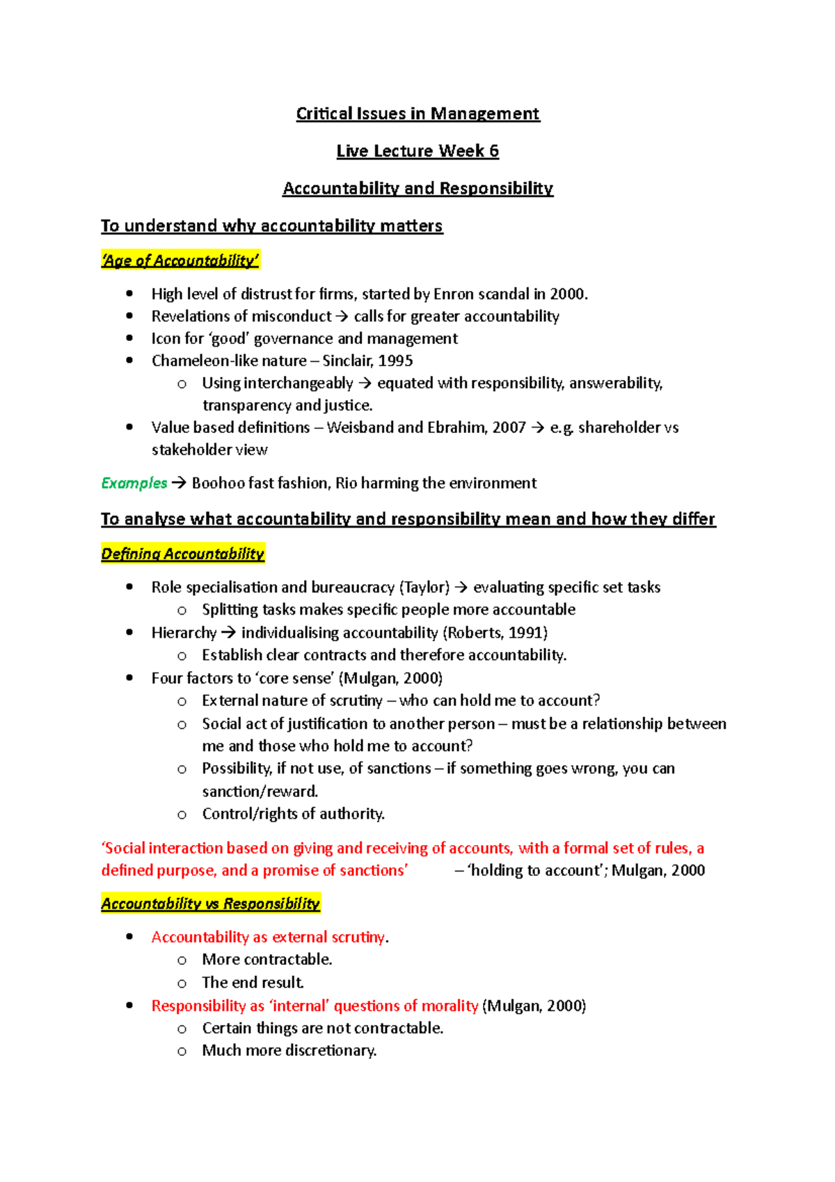 Critical Issues in Management: Accountability and Responsibility - Studocu