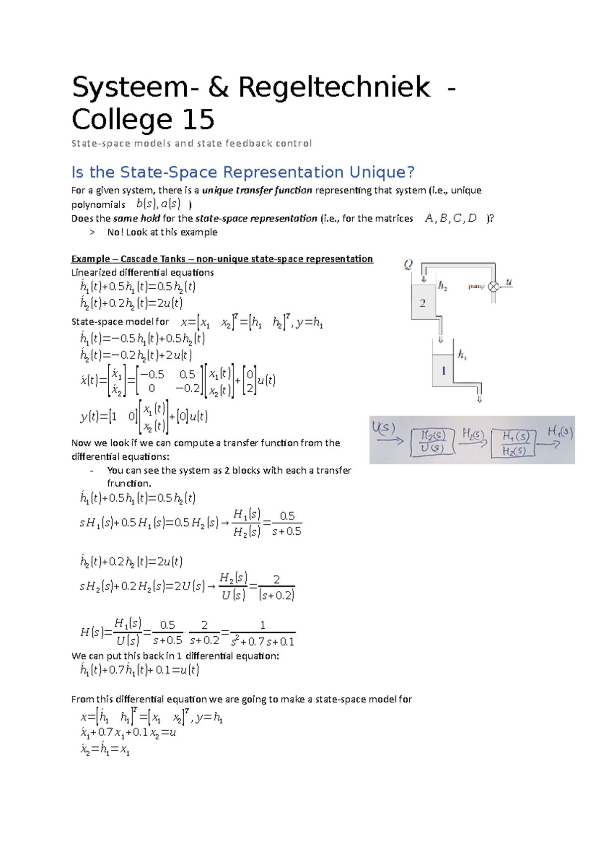 Systeem Regeltechniek College 15 State Space Models And State Feedback Control Studeersnel