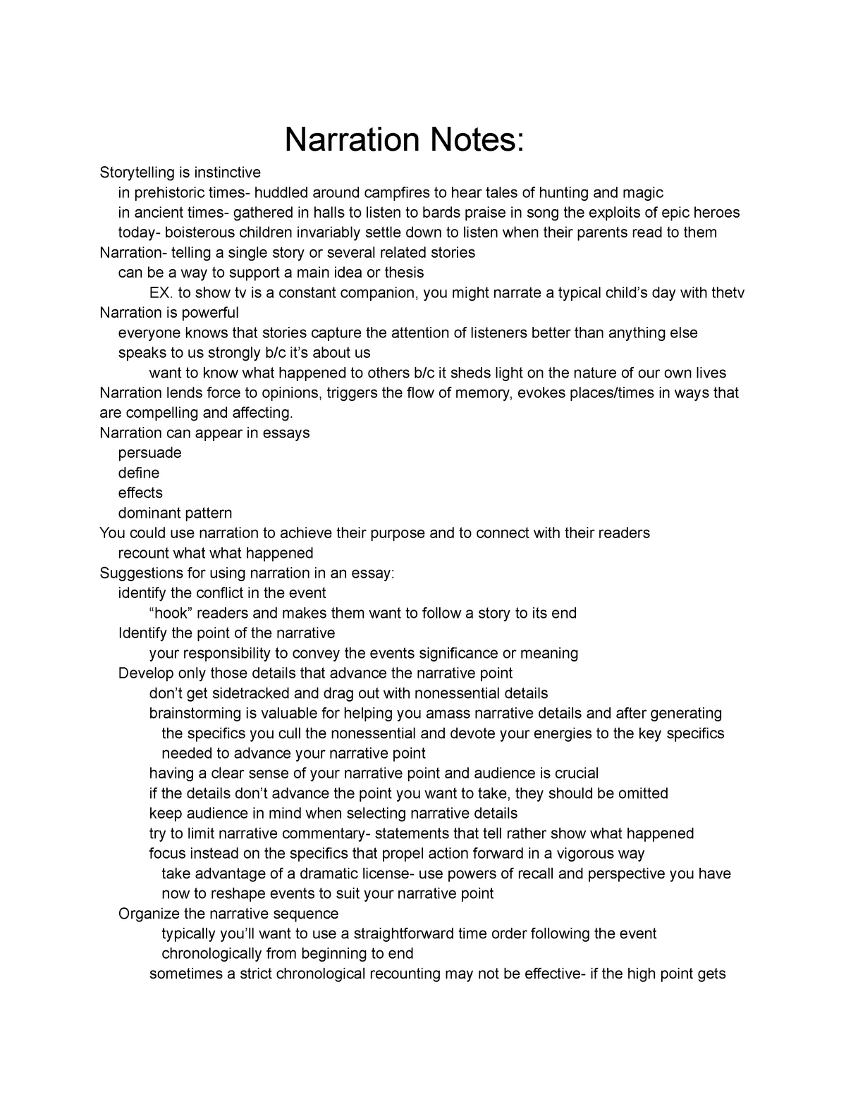 ENGL 1050 - Narration Notes - Narration Notes: Storytelling is ...