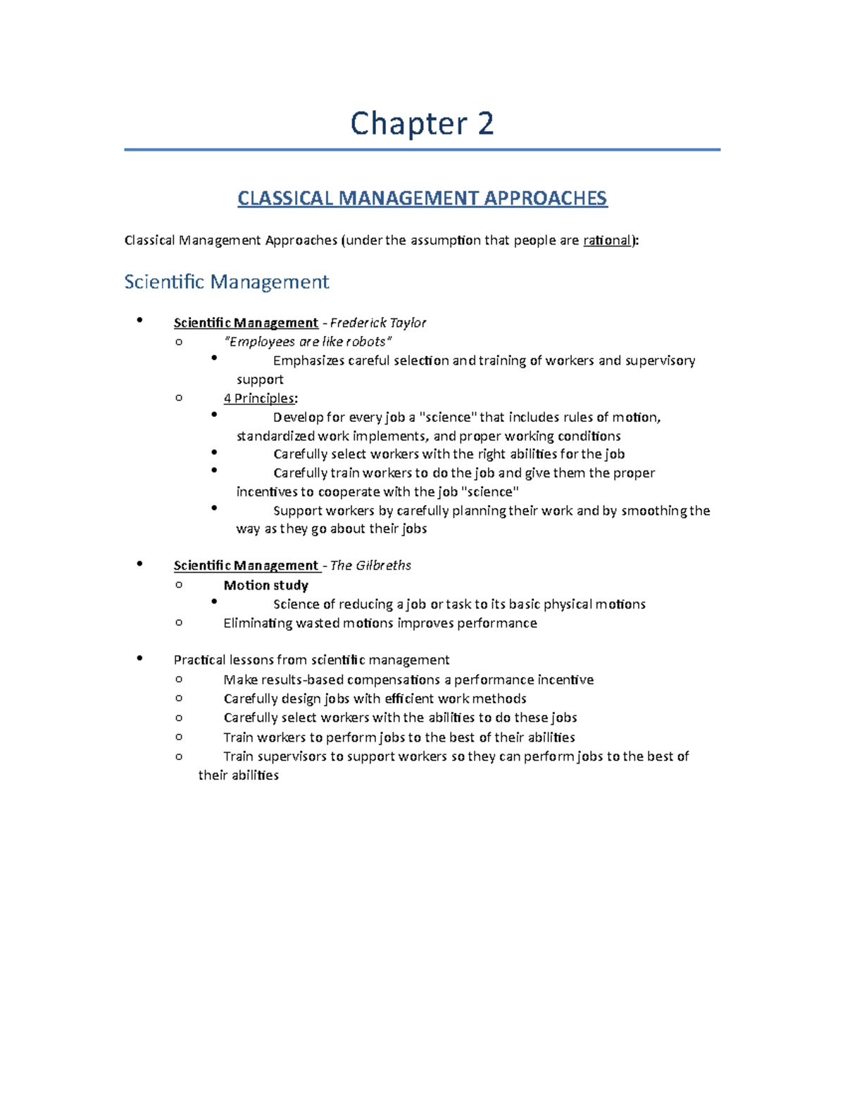 Chapter 2 - terms - Chapter 2 CLASSICAL MANAGEMENT APPROACHES Classical ...
