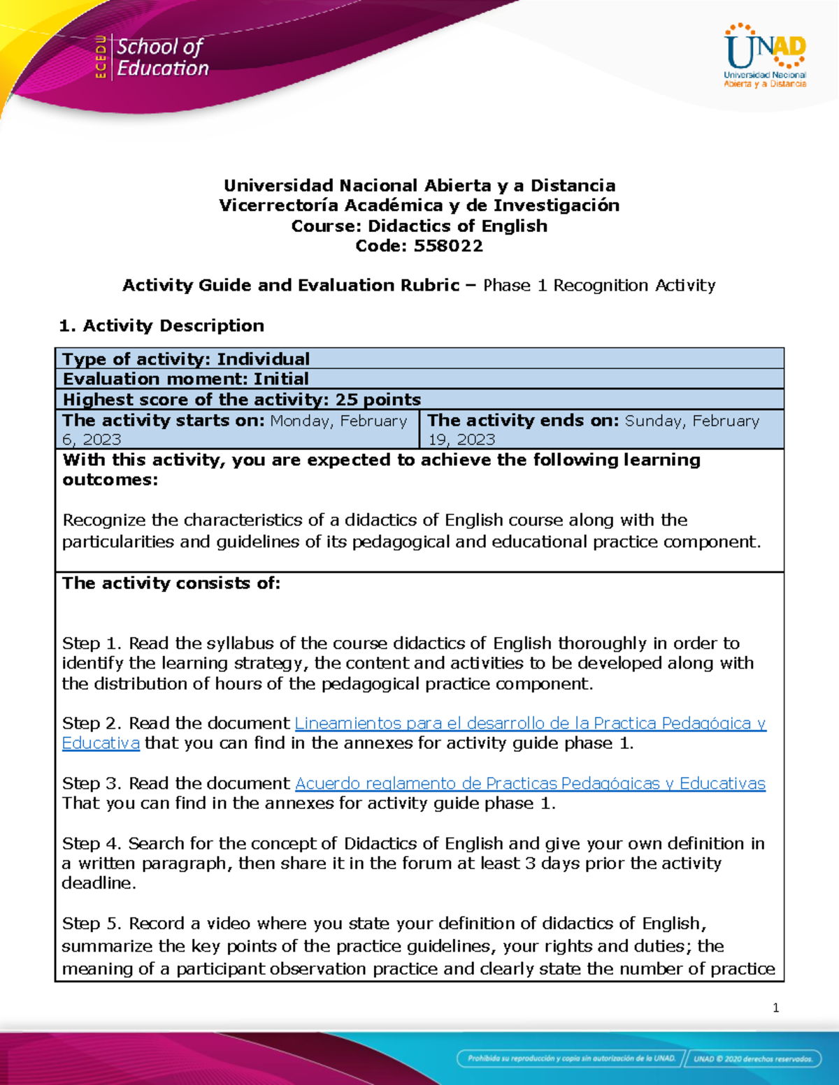 Activity guide and evaluation rubric - Phase 1 - Recognition Activity ...