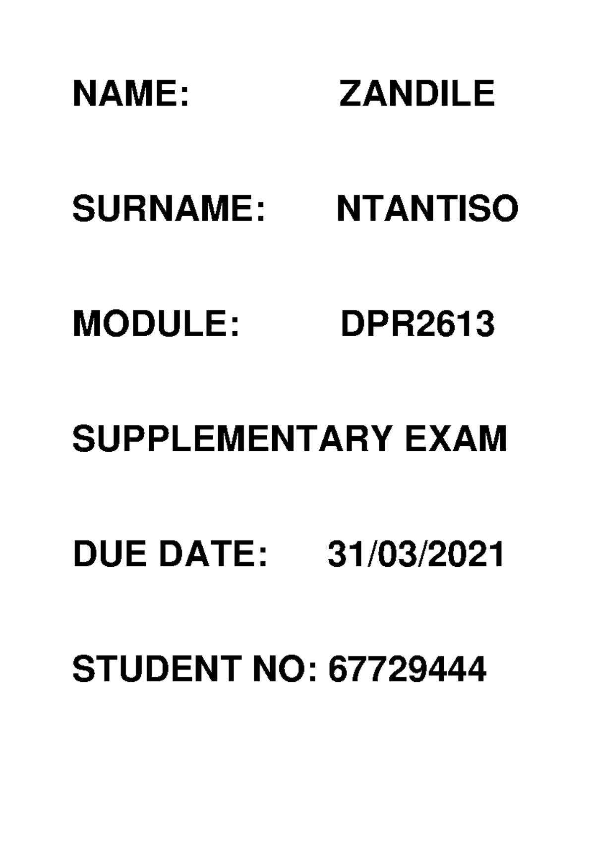 DPR2613 ddd - Assignment - NAME: ZANDILE SURNAME: NTANTISO MODULE: DPR ...