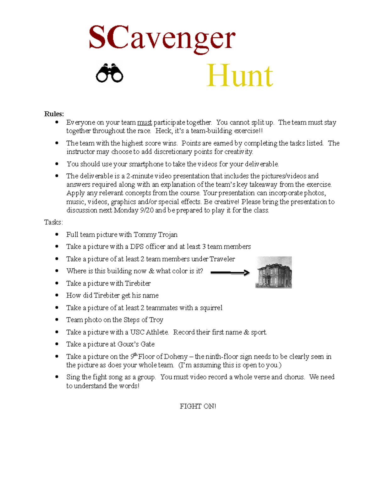 Scavenger Hunt - Prof tolan group - Rules: Everyone on your team must ...