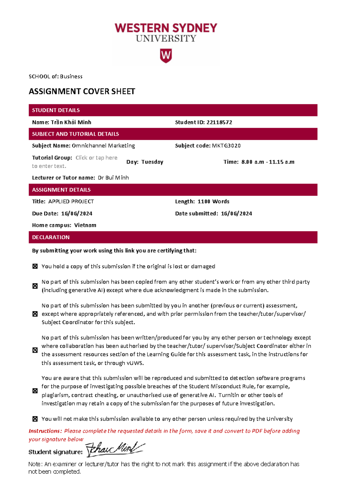 OM-1 Applied Project - SCHOOL of: Business ASSIGNMENT COVER SHEET ...