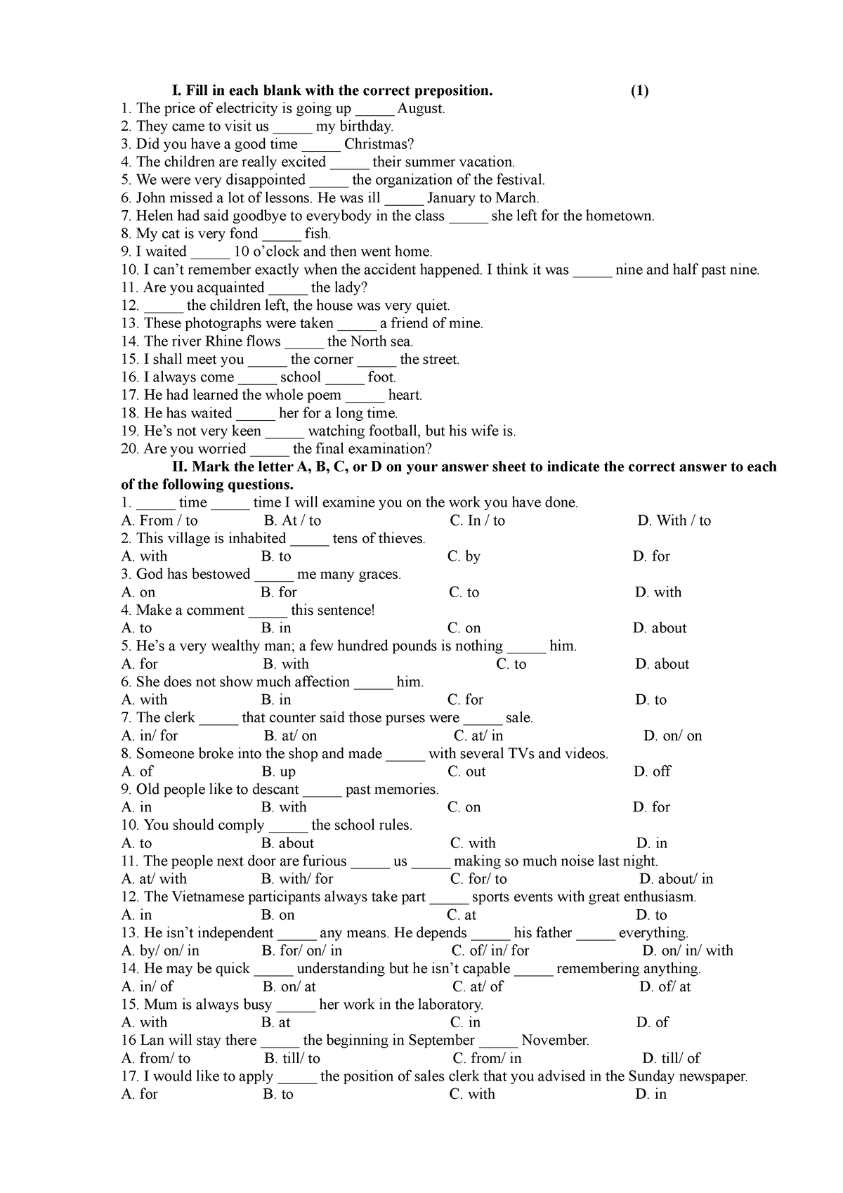 3. preporisitions - giới từ - I. Fill in each blank with the correct ...