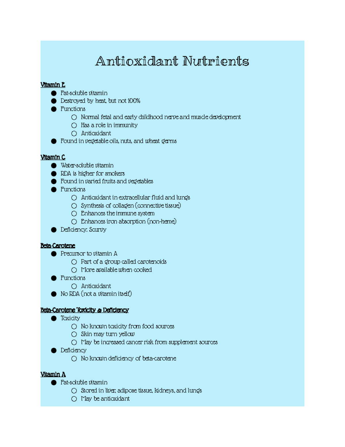 Antioxidant Nutrients Antioxidant Nutrients Vitamin E Fatsoluble