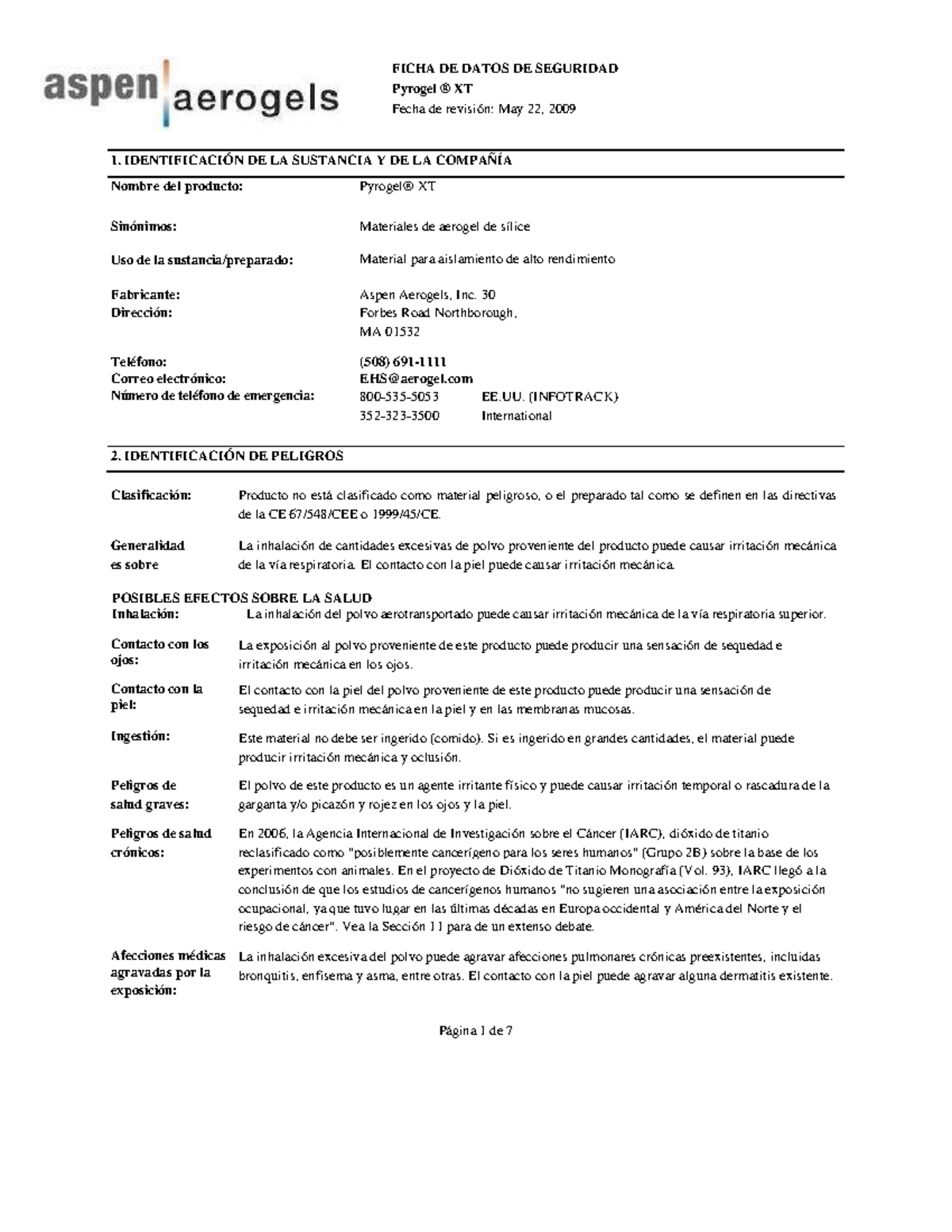 Pyrogel XT MSDS Spanish - Pyrogel ® XT Fecha de revisión: May 22, 2009 ...