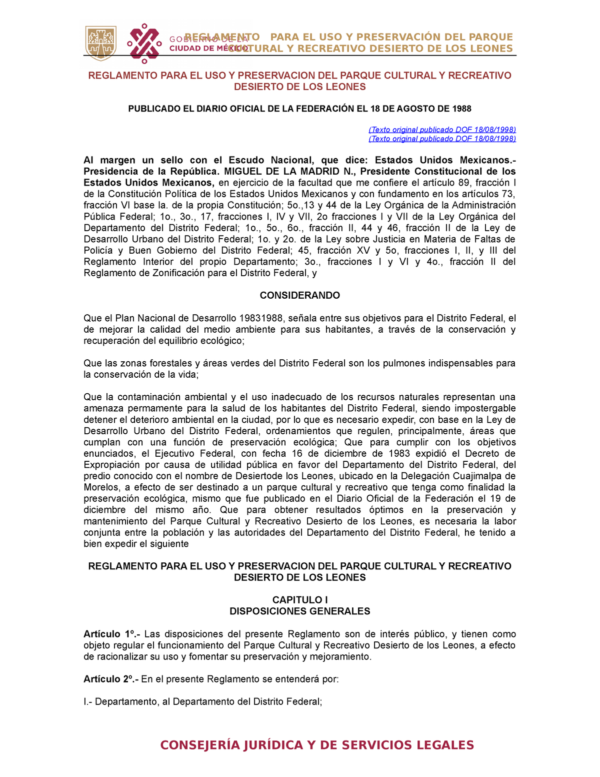 Reglamento PARA EL USO Y Preservacion DEL Parque Cultural Y Recreativo  Desierto DE LOS Leones 1 - Studocu