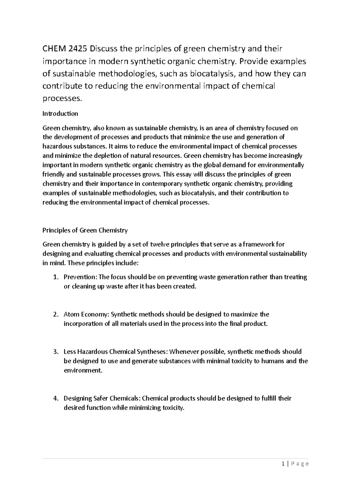 CHEM 2425 Discuss the principles of green chemistry and their ...