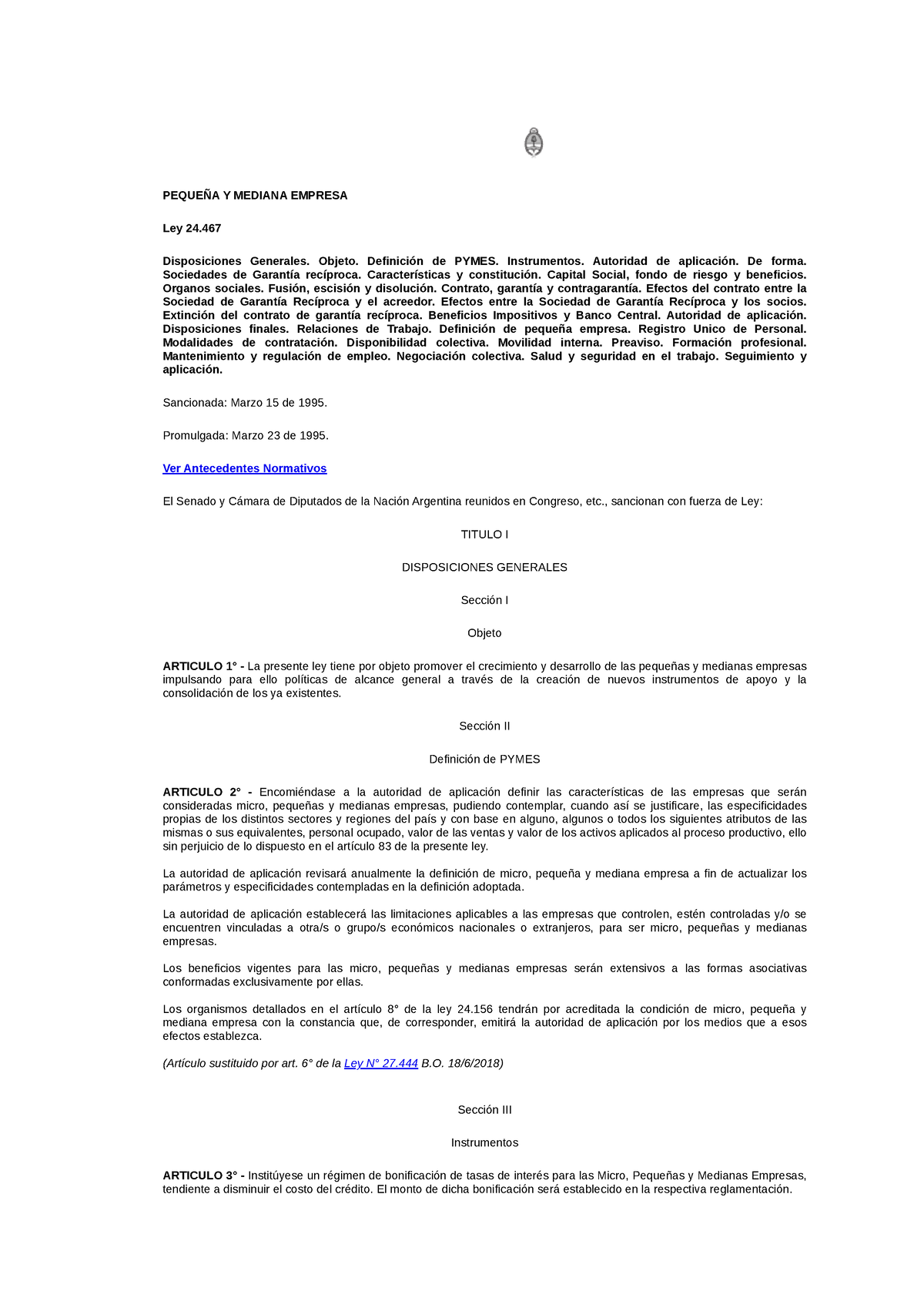 Ley 24467 De Pequeña Y Mediana Empresa PequeÑa Y Mediana Empresa Ley 24 Disposiciones 7553