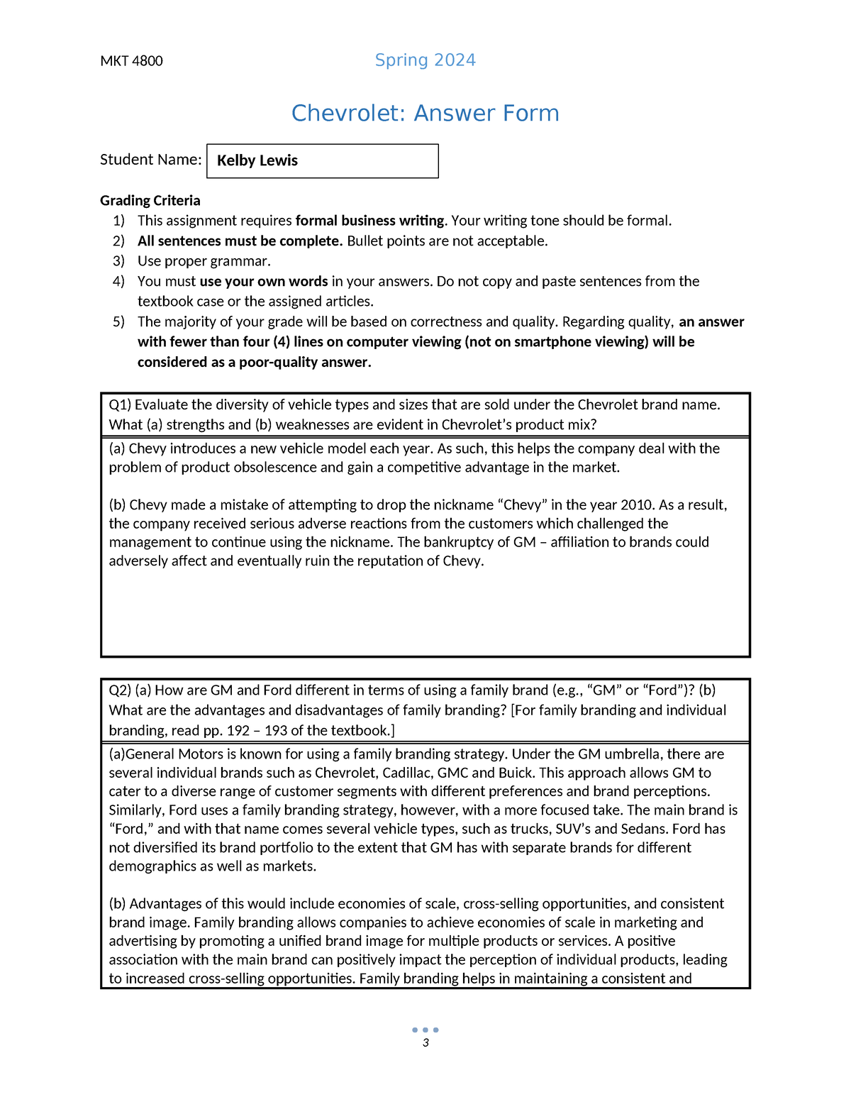 Chevrolet Answer Form (4800) - MKT 4800 Spring 2024 Chevrolet: Answer ...