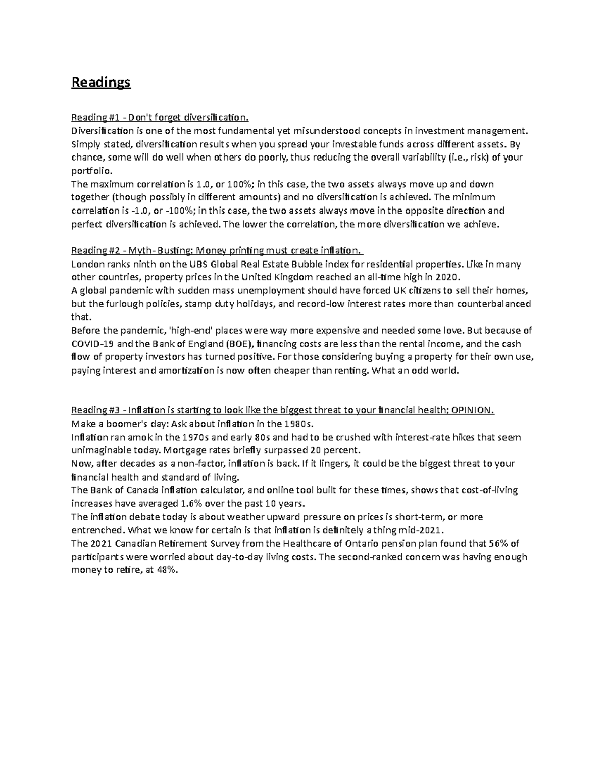 Week 6 Diversification and Inflaltion Readings Reading 1 Don't