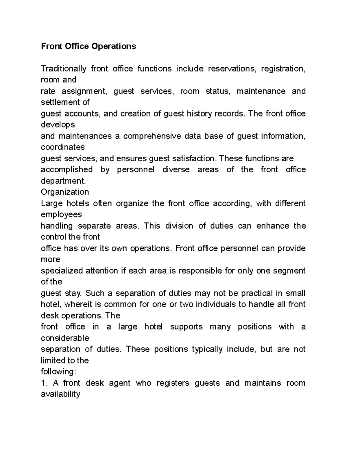 Front Office Operations (hospitality ( Front Office Operations